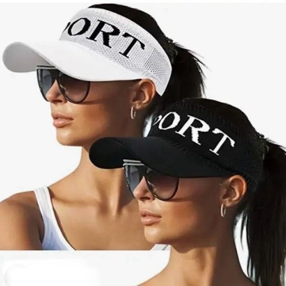 NWT 2 Gorgeous SPORT White & Black Graphic Knit Visor Elastic Sun Hats UV Protec